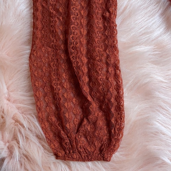 New Trendy Brick Color Sheer Crochet Mock Neck Long Sleeve Blouse - Picture 7 of 17